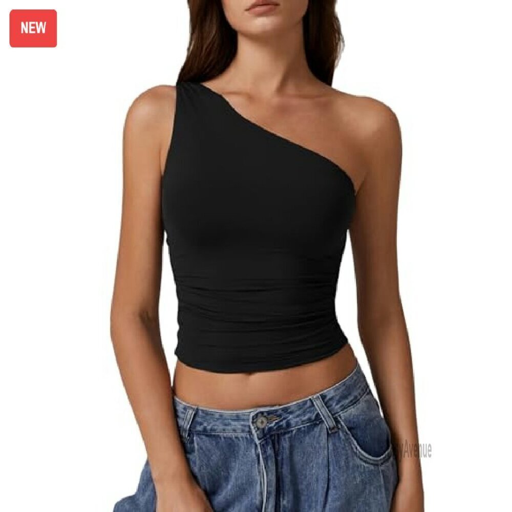 One Shoulder Double Lined Tank Top Slim Fit Cropped Tee - Picture 2 of 8